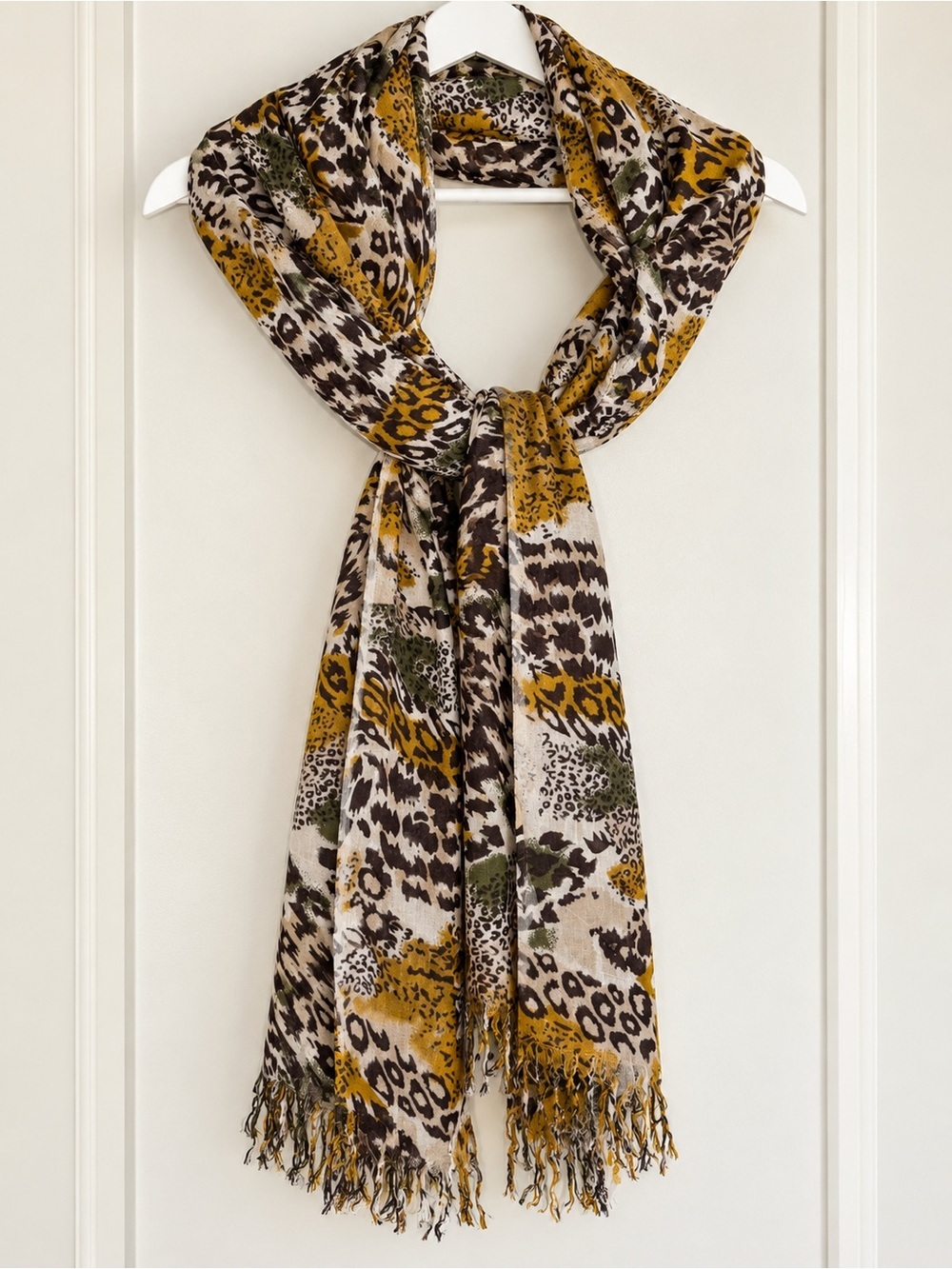 Deena & Ozzy Mustard Animal Print Fringe Scarf - Picture 2 of 3